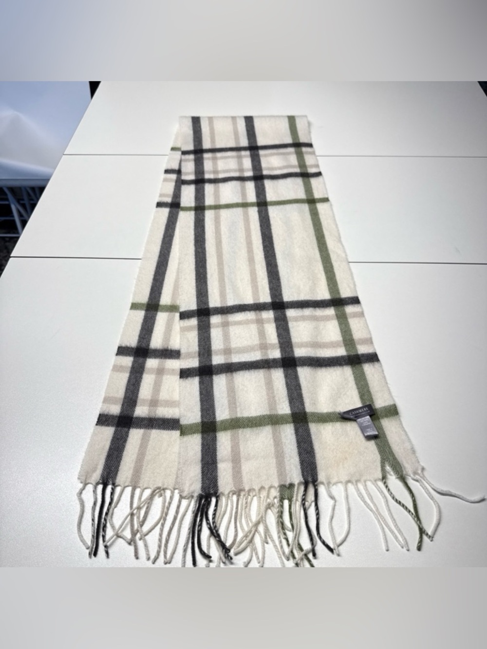 Charter Club Men’s Scarf Nova Check 100% Cashmere Cream Gray Green Preppy 10x62"